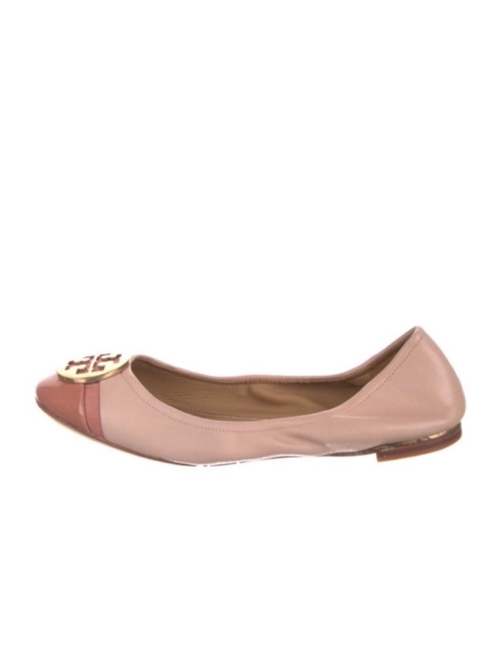 TORY BURCH Minnie Blush Shell Pink Leather Gold Medallion Logo Ballet Flat - Picture 2 of 7